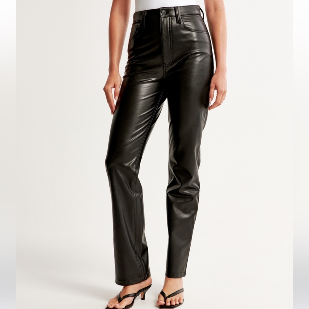 ABERCROMBIE ANKLE STRAIGHT BLACK ULTRA HIGH RISE VEGAN LEATHER PANTS